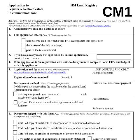Document preview: Commonhold land: freehold registration (CM1) — HM Land Registry, United Kingdom