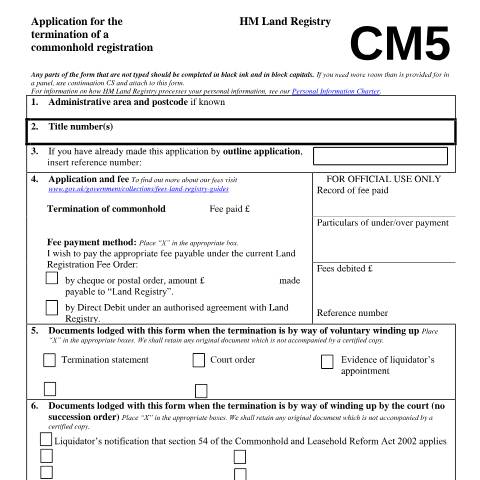 Document preview: Commonhold land: termination (CM5) — HM Land Registry, United Kingdom