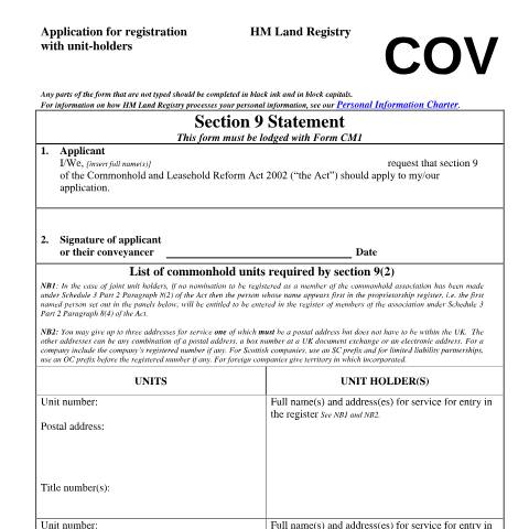 Document preview: Commonhold land: unit-holders registration (COV) — HM Land Registry, United Kingdom