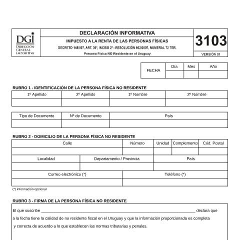 Vista previa del documento Formulario 3103 IRPF, Declaración de Persona Física no Residente en el Uruguay — DGI - Formularios, Uruguay (CERFA n°3103)