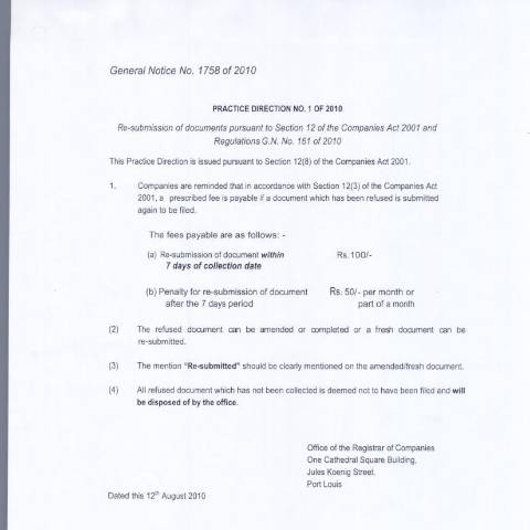 Document preview: Companies – GN 1758 of 2010 — Document, Mauritius (CERFA n°Companies-GN-1758-of-2010)