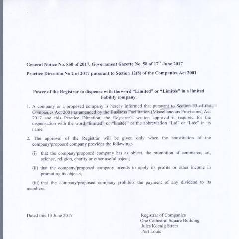 Document preview: Companies – GN 850 of 2017 — Document, Mauritius (CERFA n°Companies-GN-850-of-2017)