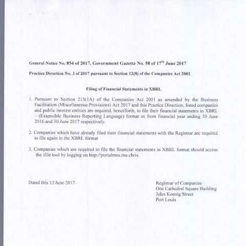Document preview: Companies – GN 854 of 2017 — Document, Mauritius (CERFA n°Companies-GN-854-of-2017)