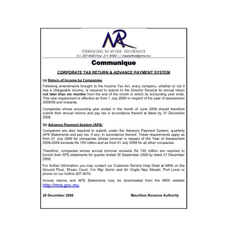 Document preview: Companies Return (26.12.2008) — Form, Mauritius (CERFA n°CompaniesReturn)