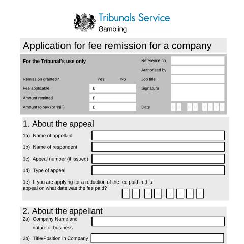 Document preview: Form Gambling - Application for fee remission for companies — HM Courts & Tribunals Service, United Kingdom