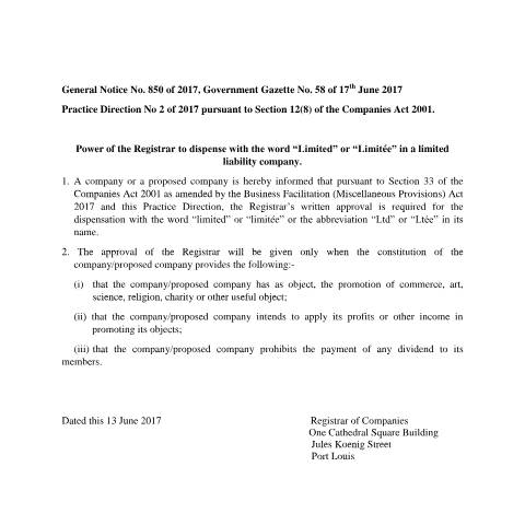 Document preview: PRACTGENERAL NOTICE NO. 850 OF 2017, GOVERNMENT GAZETTE NO. 58 OF 17TH JUNE 2017 — Document, Mauritius (CERFA n°PRACTGENERAL-NOTICE-NO.-850-OF-2017-GOVERNMENT-GAZETTE-NO.-58-OF-17TH-JUNE-2017)