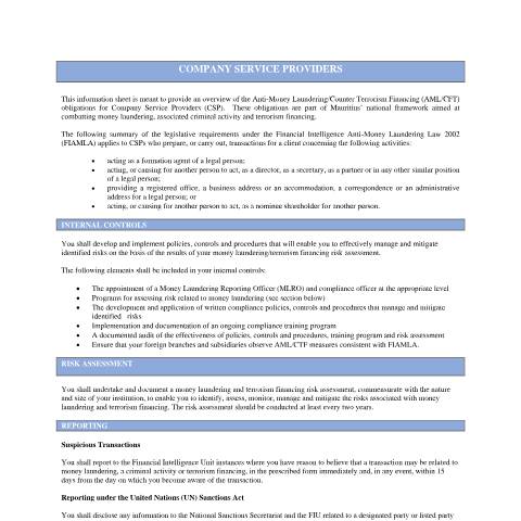 Document preview: COMPANY SERVICE PROVIDERS FACT SHEET REVISED — Act / Law, Mauritius (CERFA n°COMPANY-SERVICE-PROVIDERS-FACT-SHEET-REVISED)