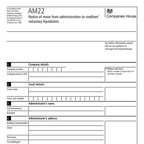 Document preview: Give notice of a move from administration to creditors' voluntary liquidation (AM22) — Companies House, United Kingdom