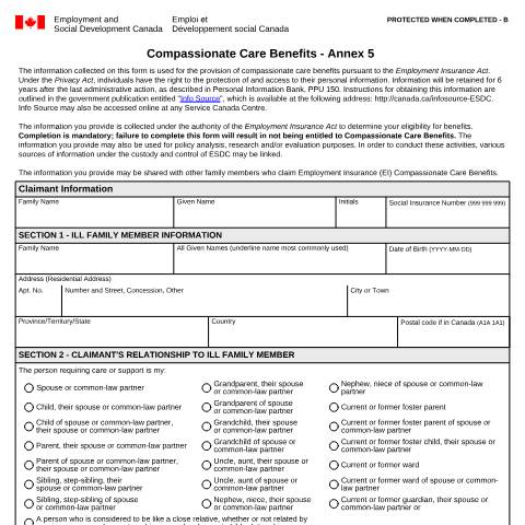 Document preview: Annex 5 - Compassionate Care Benefits — Employment Insurance, Canada (CERFA n°INS5217)