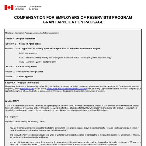 Document preview: Compensation for Employers of Reservists Program Grant Application Package — Employment Programs, Canada (CERFA n°EMP5617)