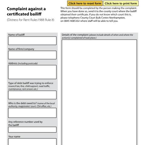 Document preview: Form 4: Complaint against a certificated bailiff (Distress for Rent Rules 1988 Rule 8) — HM Courts & Tribunals Service, United Kingdom