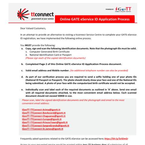 Document preview: Requirements-for-completion-of-Online-GATE-eService-ID-Application-Process — Form, Trinidad & Tobago (CERFA n°Requirements-for-completion-of-Online-GATE-eService-ID-Application-Process)
