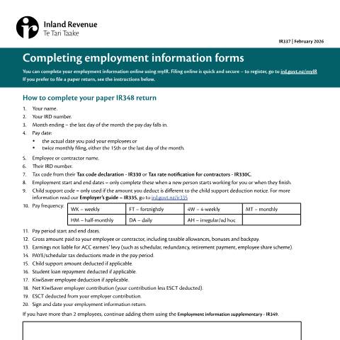 Document preview: Completing employment information forms – IR337 — Employing staff, New Zealand (CERFA n°IR337)