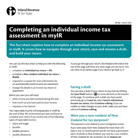 Document preview: Completing an individual income tax assessment in myIR — Income tax, New Zealand (CERFA n°IR1066)