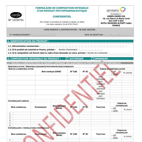 Aperçu du document Formulaire de composition intégrale d'un produit phytopharmaceutique — Professionnels, France (CERFA n°15724*01)