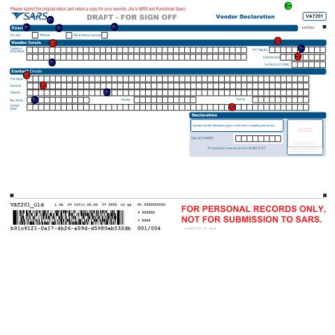 Document preview: VAT201 – Vendor Declaration – Sticky Notes — PDF Forms, South Africa (CERFA n°VAT201)