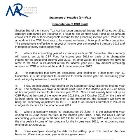 Document preview: SP 08/11 — Reference, Mauritius (CERFA n°StatementOfPractice8CSRFund)