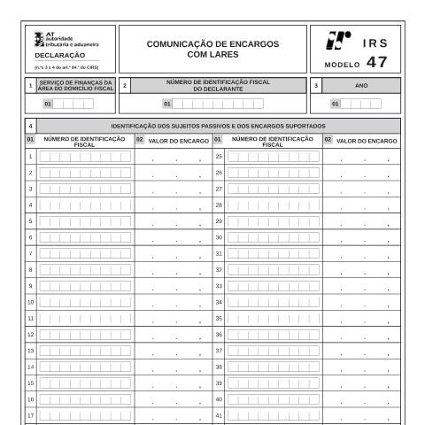 Pré-visualização do documento Modelo 47 - Comunicação de encargos com lares — IRS / IRC, Portugal (CERFA n°Modelo 47)