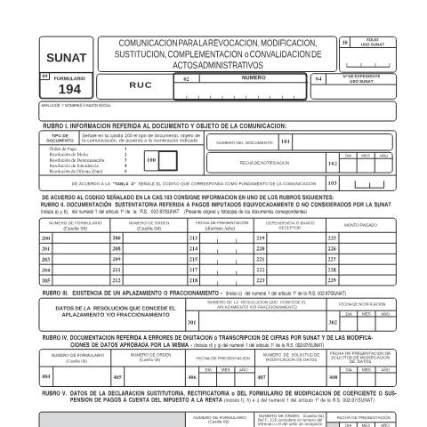 Vista previa del documento Comunicación para la revocación, modificación, sustitución, complementación o convalidación de actos administrativos — FORMULARIOS - SOLICITUDES, Perú (CERFA n°194)