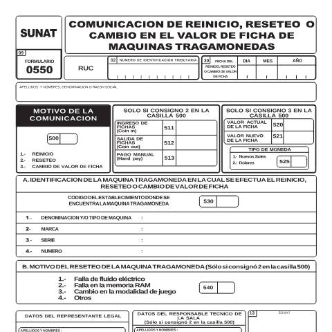Vista previa del documento Comunicación de reinicio, reseteo o cambio en el valor de ficha de Máquinas Tragamonedas — FORMULARIOS - SOLICITUDES, Perú (CERFA n°550)