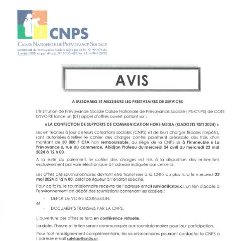 Aperçu du document APPEL D’OFFRE POUR LA CONFECTION DES SUPPORTS DE COMMUNICATION HORS MEDIA (GADGETS RSTI 2024) — Document CNPS (prévoyance sociale), Côte d'Ivoire