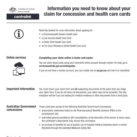 Document preview: Information you need to know about your claim for concession and health care cards — Services Australia — Individuals (by code), Australia (CERFA n°CI010)