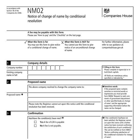 Document preview: Give notice of a conditional change of name (NM02) — Companies House, United Kingdom