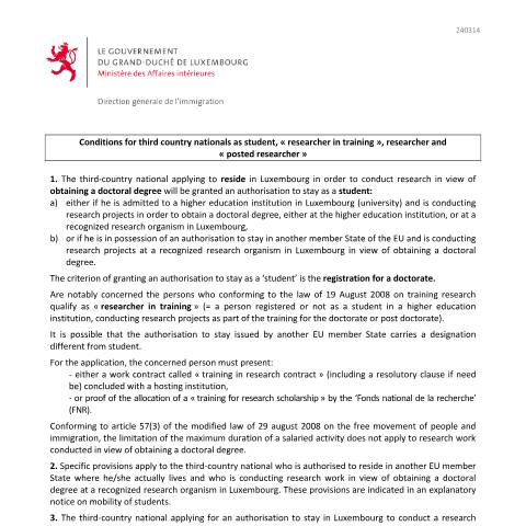 Aperçu du document en Conditions for third country nationals as student, "researcher in training", researcher and "posted researcher" - Explanatory note — Immigration tiers chercheur, Luxembourg (CERFA n°conditions-sejour-chercheur)