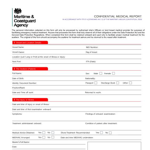 Document preview: Confidential medical report form MSF 4155 — Maritime and Coastguard Agency, United Kingdom