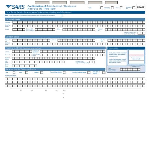 Document preview: CRA01 – Confirmation of Residential or Business Address for Online Completion – External Form — PDF Forms, South Africa (CERFA n°CRA01)