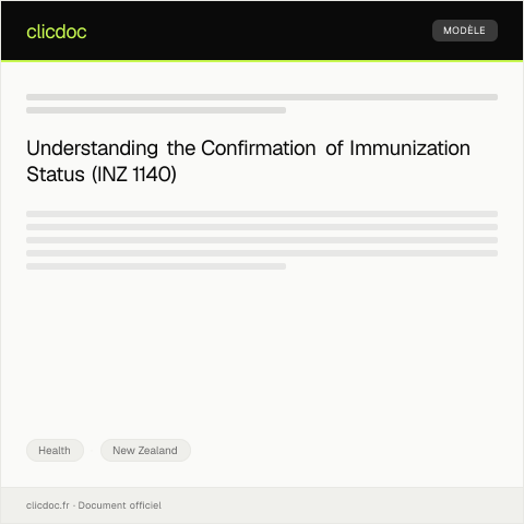 Document preview: Confirmation of Immunization Status (INZ 1140) - whakapūmau mō te āhua o ngā whakamunatanga — Health, New Zealand
