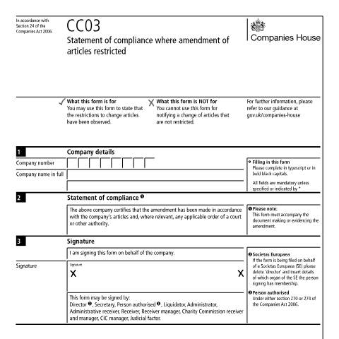Document preview: Give notice of compliance of restriction to change articles (CC03) — Companies House, United Kingdom
