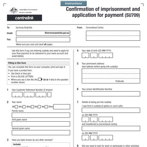 Document preview: Confirmation of imprisonment and application for payment — Services Australia — Individuals (by code), Australia (CERFA n°SU709)