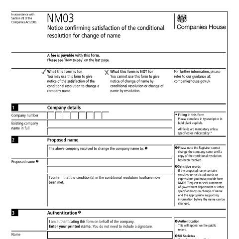 Document preview: Confirm satisfaction of the resolution of change of name (NM03) — Companies House, United Kingdom