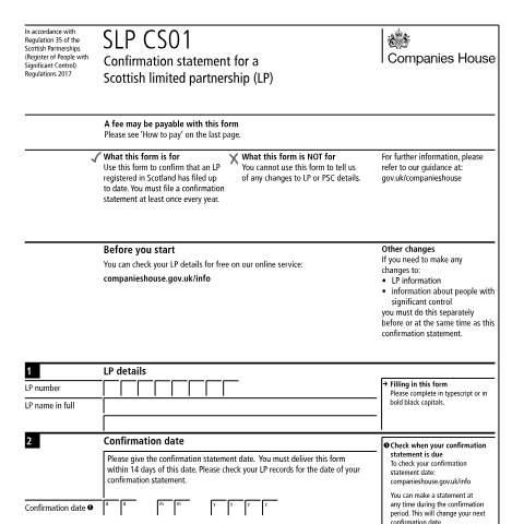 Document preview: Confirmation statement for a Scottish limited partnership (SLP CS01) — Companies House, United Kingdom