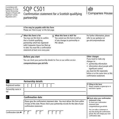Document preview: Confirmation statement for a Scottish qualifying partnership (SQP CS01) — Companies House, United Kingdom