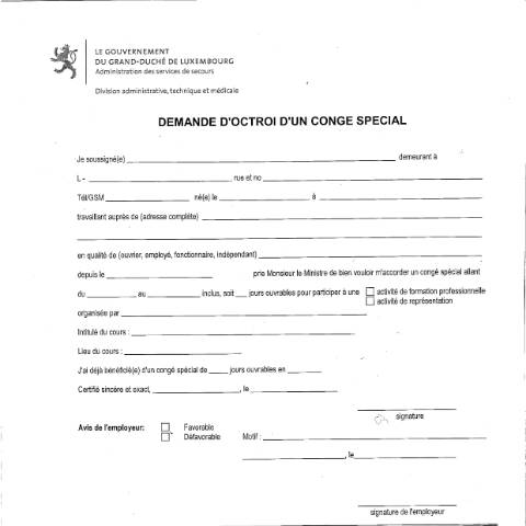 Aperçu du document Congé spécial pour les cadres des services de secours — Conges, Luxembourg (CERFA n°conge-special-cadres-services-secours)