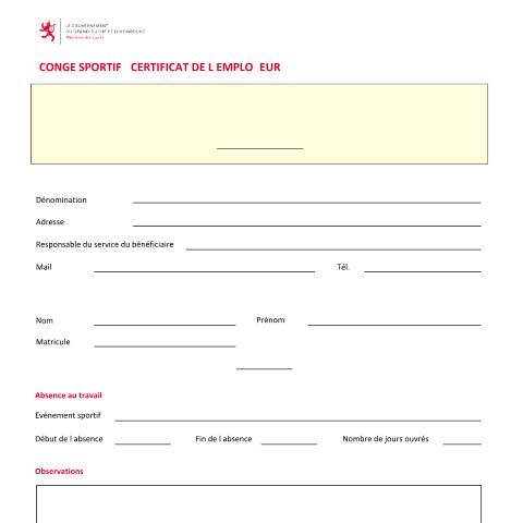 Aperçu du document Congé sportif - Certificat de l’employeur — Conges, Luxembourg (CERFA n°conge-sportif-certificat-employeur)