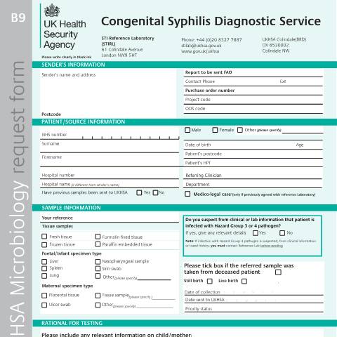 Document preview: B9: congenital syphilis diagnostic service referral form — UK Health Security Agency, United Kingdom