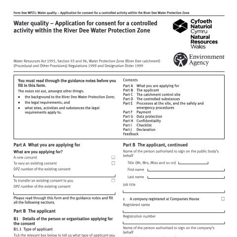 Document preview: Consent for a controlled activity within the River Dee water protection zone — Environment Agency, United Kingdom
