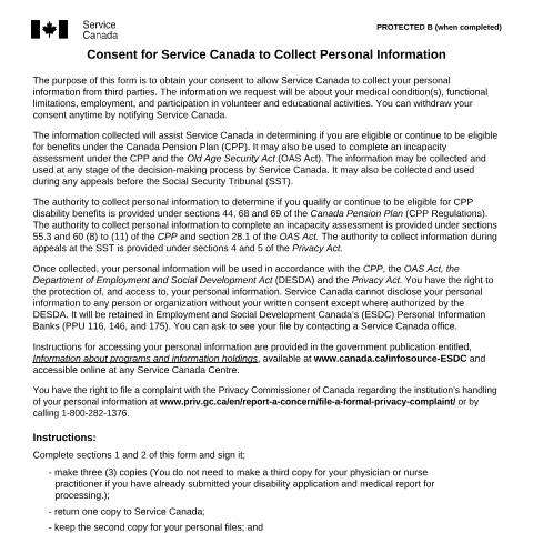 Document preview: Consent for Service Canada to Collect Personal Information — Income Security Programs, Canada (CERFA n°ISP2502)
