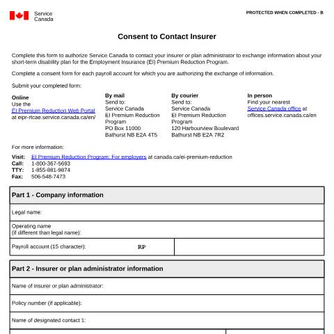 Document preview: Consent to Contact Insurer — Employment Insurance Premium Reduction, Canada (CERFA n°NAS5067)