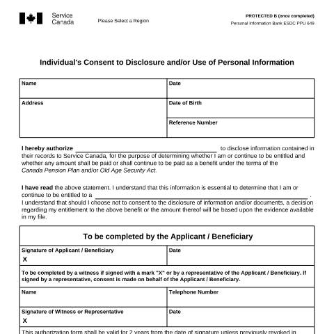 Document preview: Individual's Consent to Disclosure and/or Use of Personal Information — Income Security Programs, Canada (CERFA n°ISP0427)
