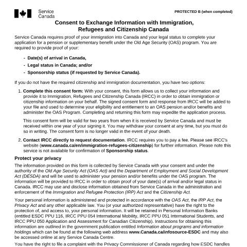 Document preview: Consent to Exchange Information with Immigration, Refugees and Citizenship Canada — Income Security Programs, Canada (CERFA n°ISP3210)