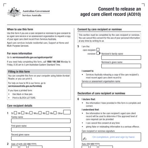 Document preview: Consent to release an aged care client record form (AC010) — Services Australia — Health professionals, Australia (CERFA n°AC010)