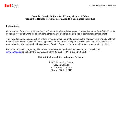 Document preview: Canadian Benefit for Parent of Young Victims of Crime - Consent to Release Personal Information to a Designated Individual — Employment Programs, Canada (CERFA n°EMP5634)