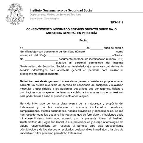 Vista previa del documento SPS 1014 consentimiento odont pedia — IGSS - Formularios, Guatemala (CERFA n°SPS-1014)