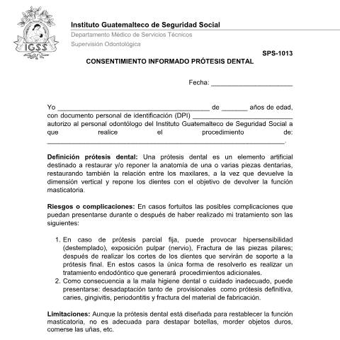 Vista previa del documento SPS 1013 consentimiento prótesis dental — IGSS - Formularios, Guatemala (CERFA n°SPS-1013)