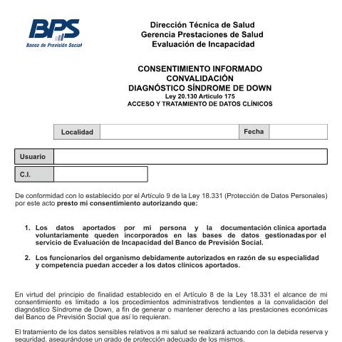 Vista previa del documento Consentimiento informado - Convalidación Síndrome de Down — BPS - Formularios De Pasivos, Uruguay