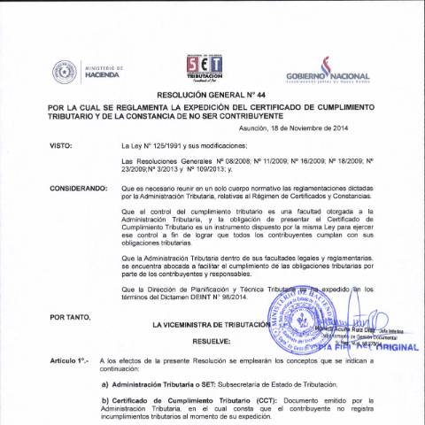 Vista previa del documento Resolución General N° 44 14 (1) — Constancia De No Retención, Paraguay